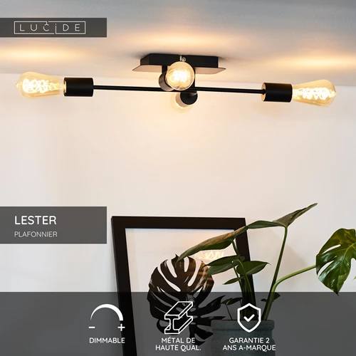 Lucide LESTER - Plafonnier - 4xE27 - Noir - USP